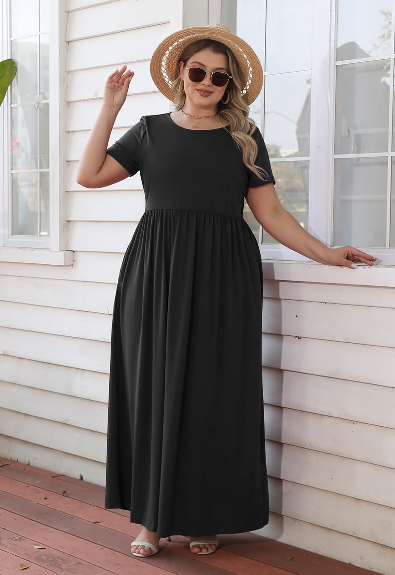 Nemidor Plus Size Maxi Dresses for Curvy Women Summer Casual Loose Short Sleeve Long Beach Dress with Pocket(149,14,Black) - Image 5